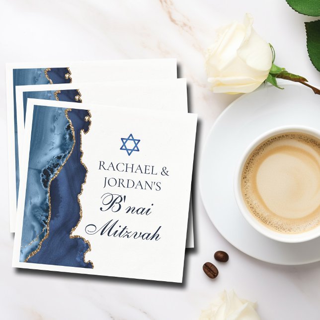Elegant B'nai Mitzvah Navy Blue Guld Agate Party Pappersservett (Skapare uppladdad)