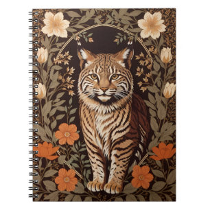 Elegant Bobcat på Brun Blommig Bakgrund Anteckningsbok