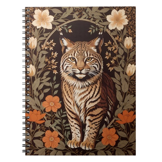 Elegant Bobcat på Brun Blommig Bakgrund Anteckningsbok (Framsidan)