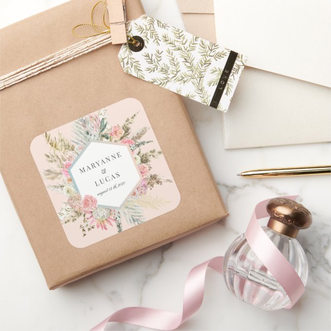 Elegant Bohemian Blommigt Monogram Fyrkantigt Klistermärke (Gifting)