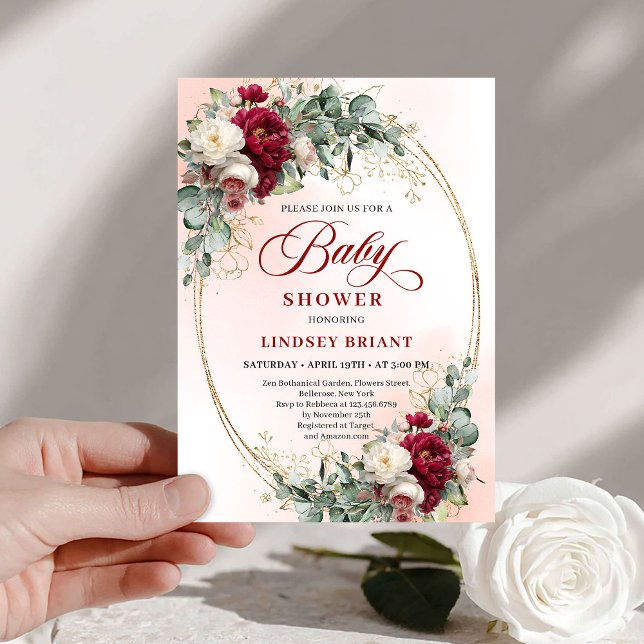 Elegant Bohemian Burgundy Eucalyptus Baby Shower Inbjudningar (Elegant Bohemian Burgundy Eucalyptus Baby Shower)