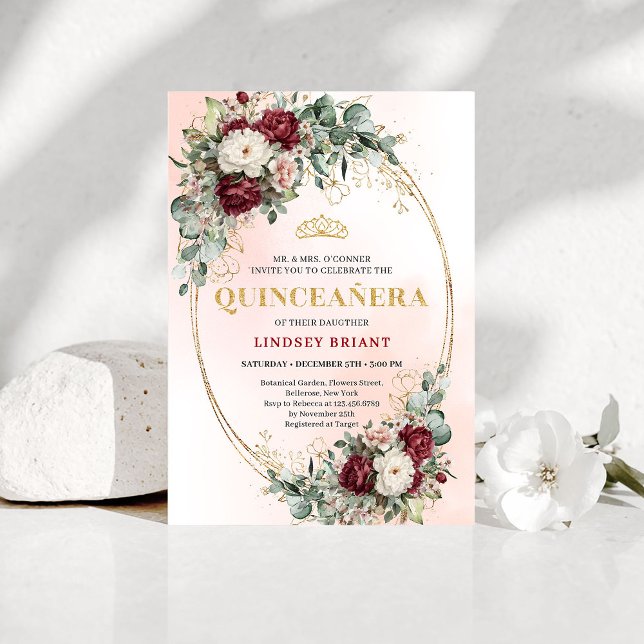 Elegant Bohemian Burgundy Floral Gold Quinceañera Inbjudningar (Elegant Bohemian Burgundy Floral Quinceañera Invite)
