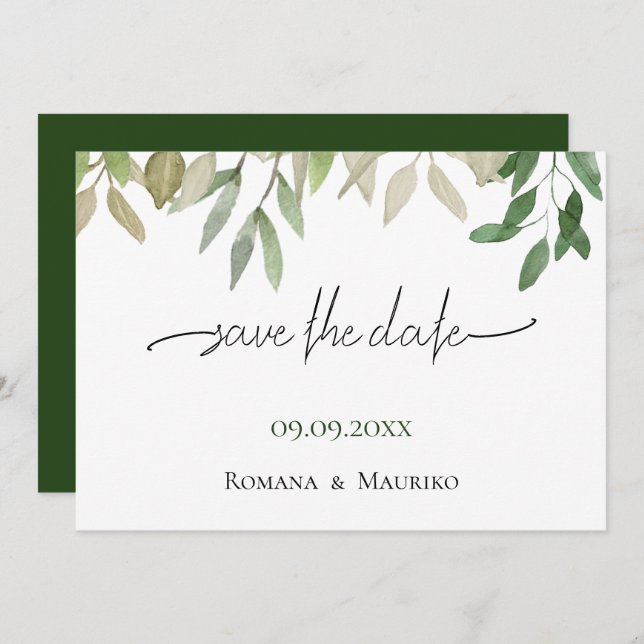 Elegant Bohemian Deep Grönt Bröllop Spara Datumet (Fram/baksida)