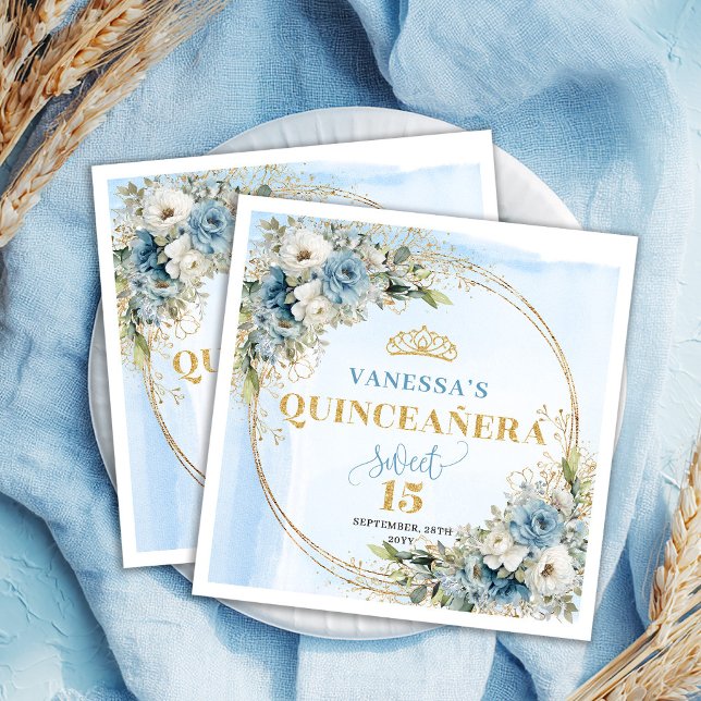 Elegant Bohemian Dusty Blue Floral Gold Glitter  Pappersservett (Boho Dusty Blue Floral Eucalyptus Gold Glitter Quinceañera)