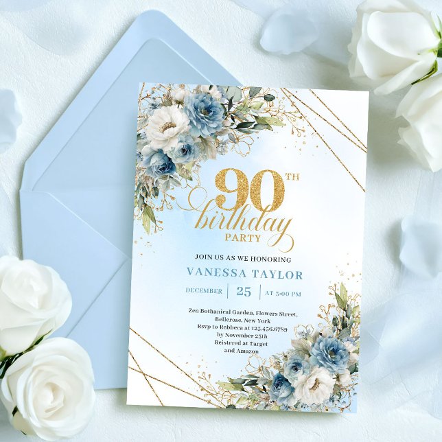 Elegant Bohemian Dusty Blue White Floral 90th Bday Inbjudningar (Elegant Bohemian Dusty Blue White Floral 90th Birthday)
