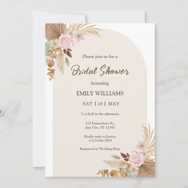 Elegant Bohemian Floral Pampas Grass Bridal Shower Inbjudningar (Framsida)