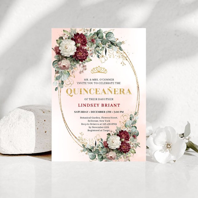 Elegant Bohemian Marsala Flowers Gold Quince Inbjudningar (Elegant Bohemian Marsala Flowers Gold Quince Invitation)