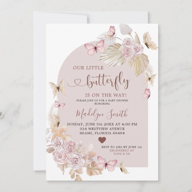 Elegant Bohemian  och Butterfly Baby Shower Inbjudningar (Framsida)