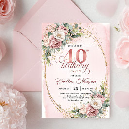 Elegant Bohemian Powder Pink Flowers 40th Birthday Inbjudningar