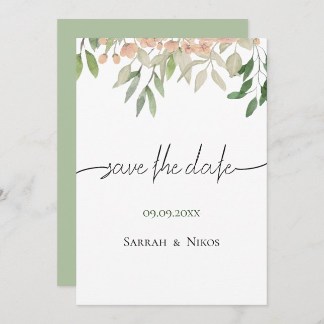 Elegant Bohemian Soft Grönt Bröllop Spara Datumet (Fram/baksida)