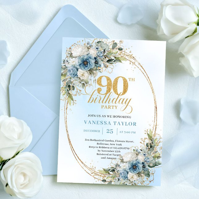 Elegant bohemisk blå vit blomst 90-årsdag inbjudningar (Graceful Bohemian Blue White Floral 90th Birthday)