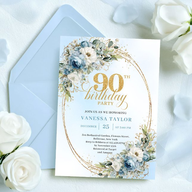 Elegant bohemisk blå vit blomster guld 90-årsdag inbjudningar (Elegant Bohemian Blue White Floral Gold 90th Birthday)