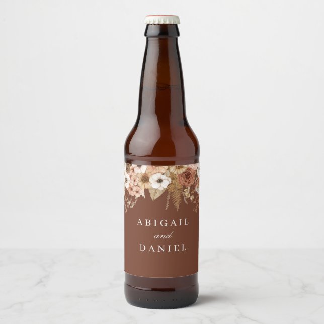 Elegant bohemisk blommande bröllop  ölflaska etikett (Framsida)