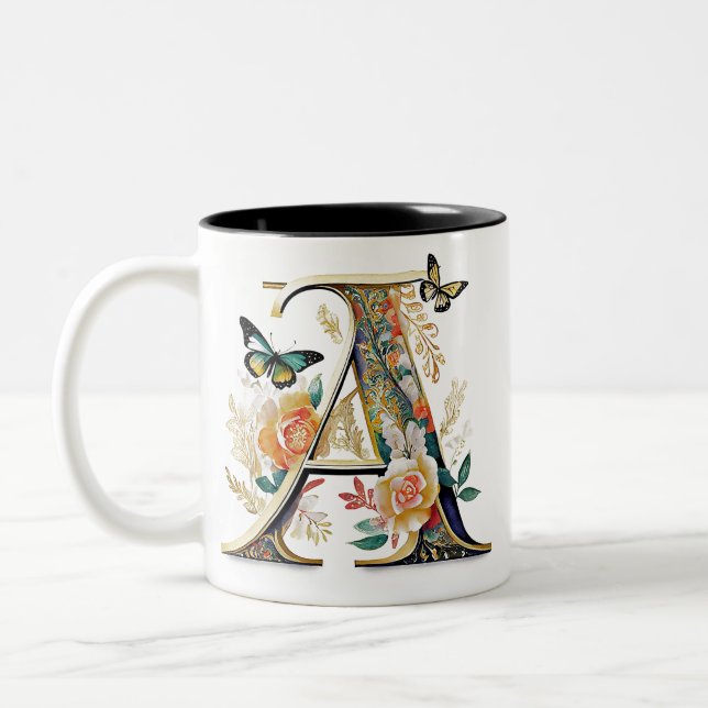Elegant bohemisk blommig bokstav A Två-Tonad Mugg (Vänster)