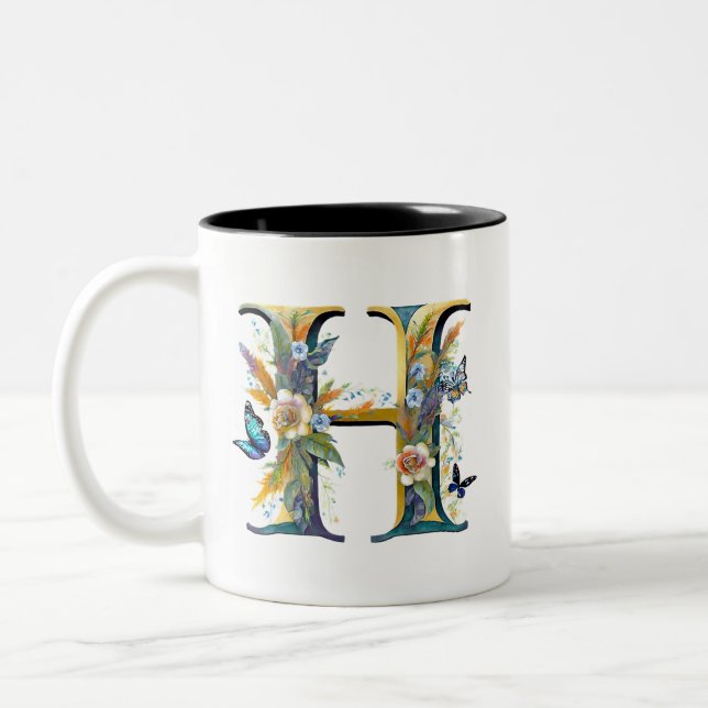 Elegant bohemisk blommig bokstav H Två-Tonad Mugg (Vänster)
