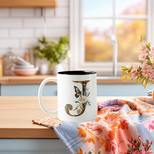 Elegant bohemisk blommig bokstav J Två-Tonad Mugg