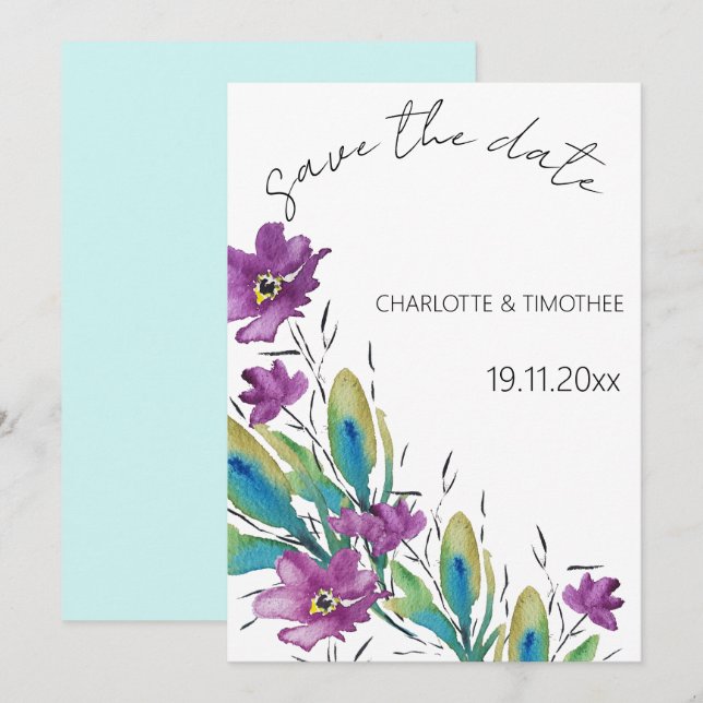 Elegant bohemisk blomster vattenfärg handmålad spara datumet (Fram/baksida)