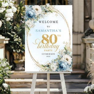 Elegant bohemisk dammig blå blom- 80-årsdag poster