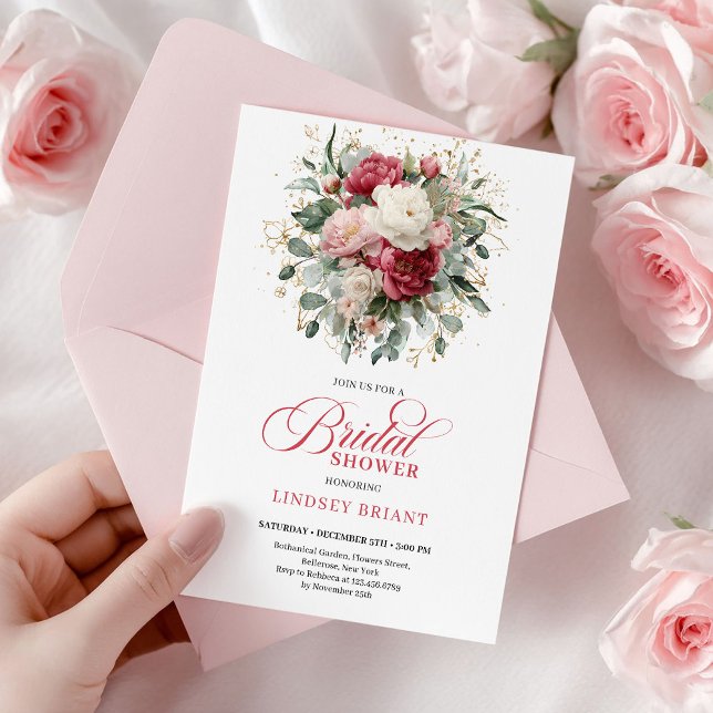 Elegant bohemisk röd ros bröllopsfestinbjudan inbjudningar (Elegant Bohemian Red Blush Gold Roses Bridal Shower

)