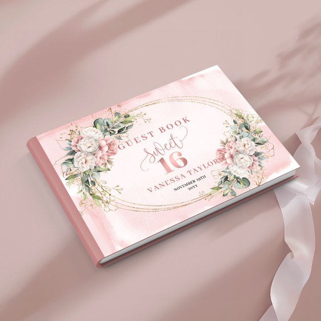 Elegant bohemisk rosa blommor grönska gästbok (Elegant Bohemian Pink Flowers Greenery Guest Book)