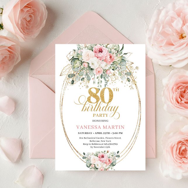 Elegant bohemisk rosafärgade rosor 80-års födelsed inbjudningar (Elegant Bohemian Blush Roses 80th Birthday Invite)