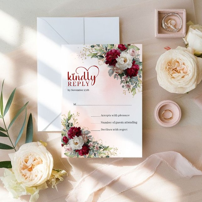 Elegant Bohemsk Röd och Vit Blommig Guld Bröllop OSA Kort (Elegant Bohemian Red and White Floral Gold Wedding RSVP)