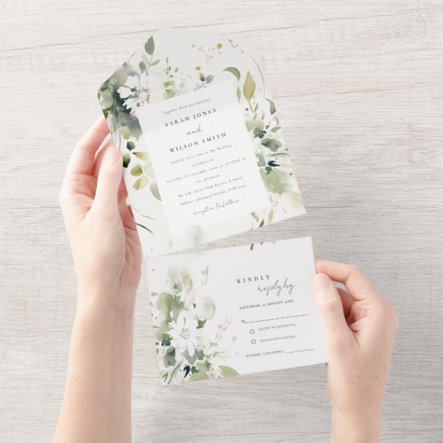 Elegant Boho Abstrakt Grönt White Blommigt Bröllop (Avrivbar del)