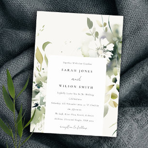 Elegant Boho Abstrakt Grönt White Blommigt Bröllop Inbjudningar