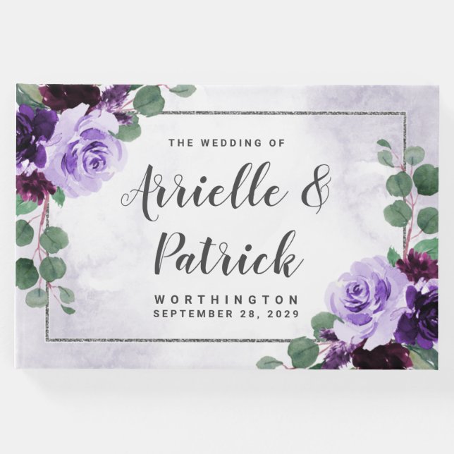 Elegant Boho Airy Blommigt Lila och Silver Bröllop Gästböcker (Framsida)