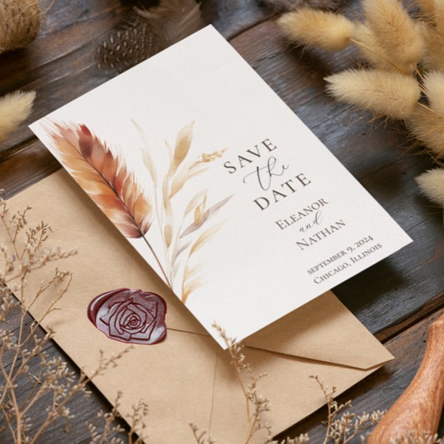 Elegant Boho Akvarell Pampas Höstbröllop Spara Datumet (Skapare uppladdad)