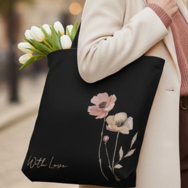 Elegant Boho Akvarell Vildblomma Svart Rodnad Tygkasse (Skapare uppladdad)