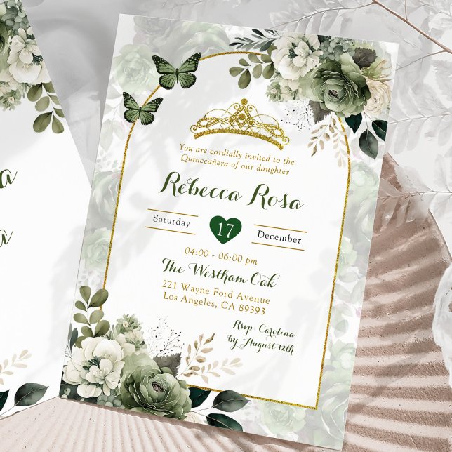 Elegant Boho Arch Grönt Royal Quinceañera Inbjudningar (Skapare uppladdad)