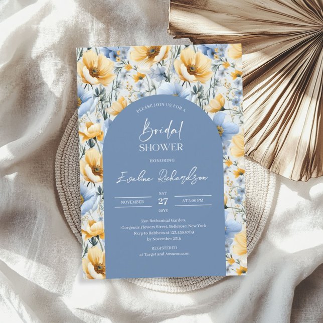 Elegant Boho arch light blue & gult wildblommor Inbjudningar (Elegant Boho arch light blue & yellow wildflowers Invitation)