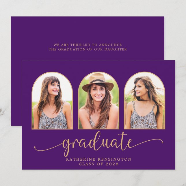 Elegant Boho Arch Lila Guld 3 Photo Studenten Inbjudningar (Fram/baksida)