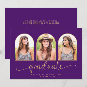 Elegant Boho Arch Lila Guld 3 Photo Studenten Inbjudningar