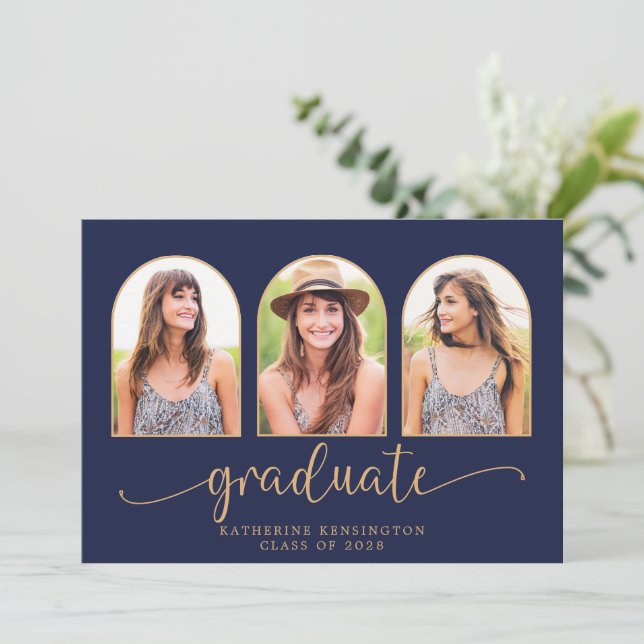 Elegant Boho Arch Navy Blue Guld 3 Photo Inbjudningar (Stående Fram)