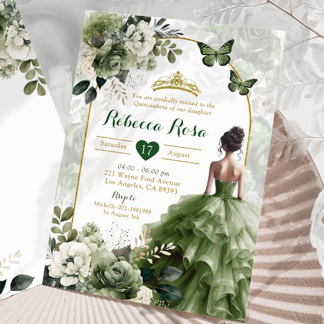 Elegant Boho Arch Sage Grönt Princess Quinceañera Inbjudningar (Skapare uppladdad)