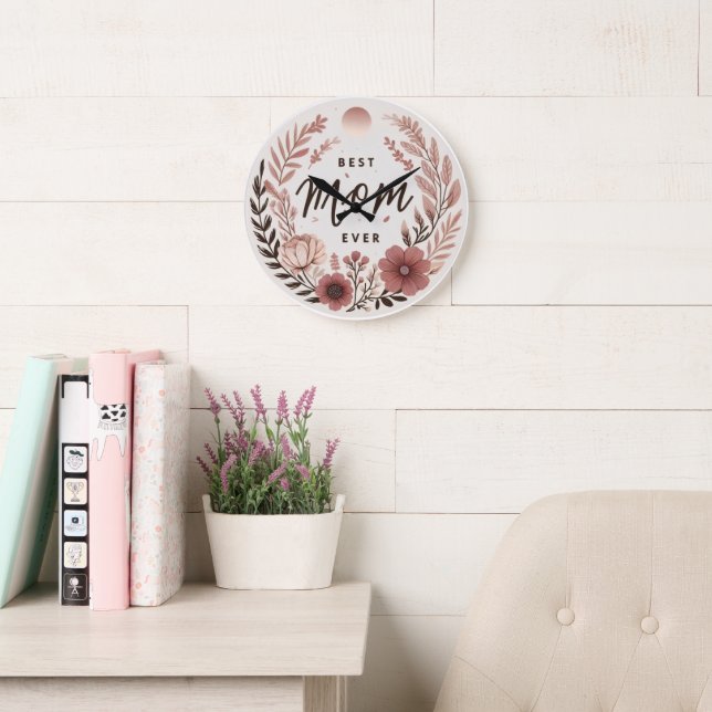 Elegant Boho Bästa mamma någonsin dekal - Rosa blo Stor Klocka (Läsesal)