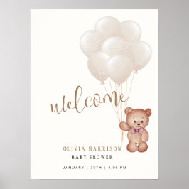 Elegant Boho Bear Balloon Baby Shower Välkomstskyl Poster