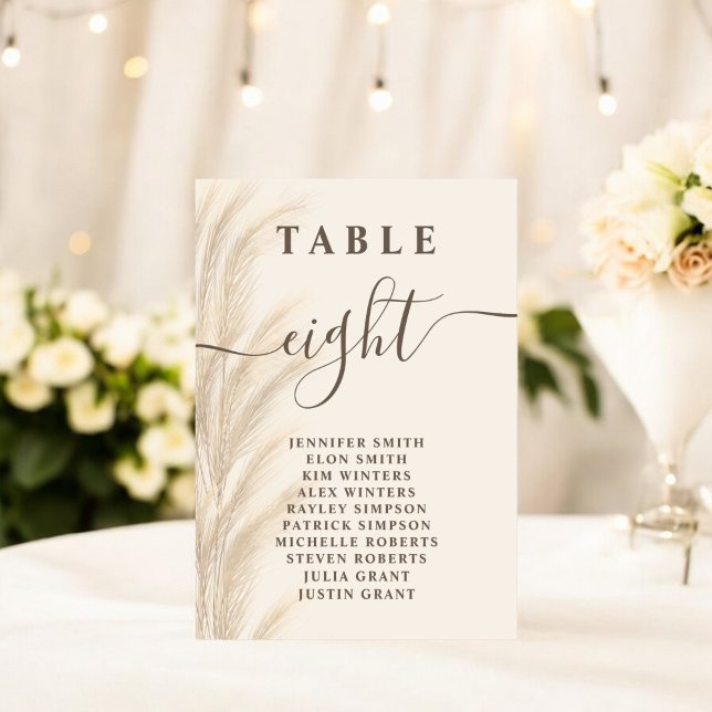 Elegant Boho Beige Pampas Grass Bröllop Bordsnummer (Elegant Boho Beige Pampas Grass Wedding Table Number)