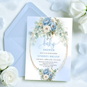 Elegant Boho Blå Blommig Grönska Guld Baby Shower Inbjudningar
