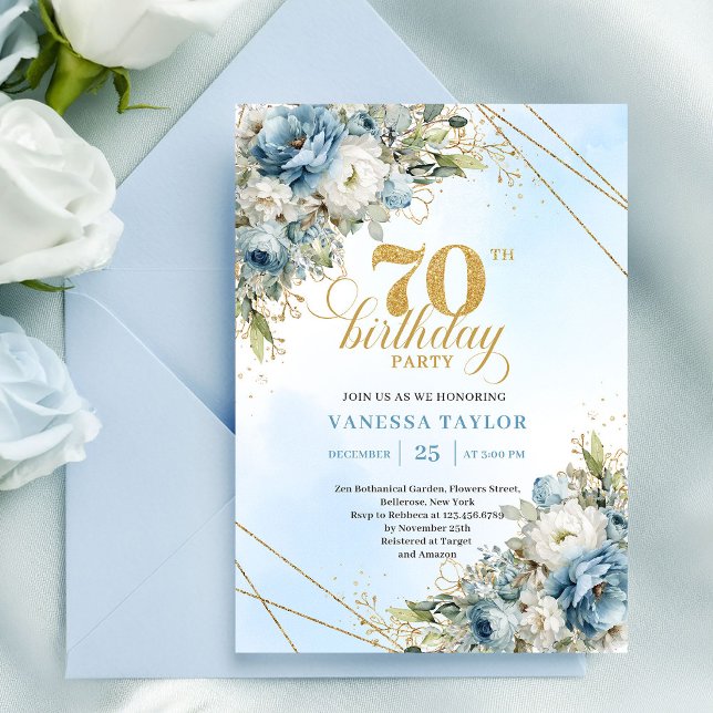 Elegant boho blå blommor guld ram 70 födelsedag inbjudningar (Delicate boho blue florals gold frame 70th birthday

)