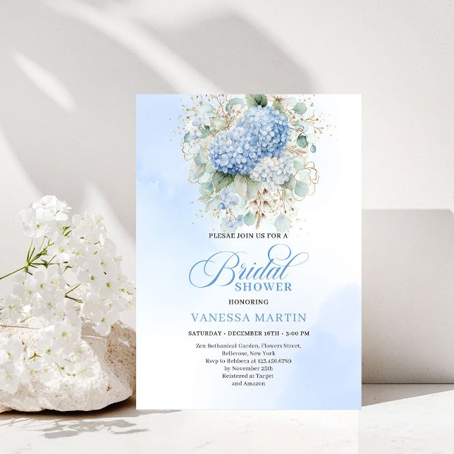 Elegant Boho Blå Hortensia Bröllopsfest Inbjudan (Chic Boho Blue Hydrangeas Bridal Shower Invitation)