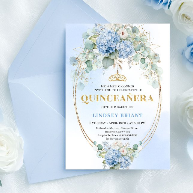 Elegant Boho Blå Hortensia Quinceañera Inbjudan (Elegant Boho Blue Hydrangeas Quinceañera Invite)