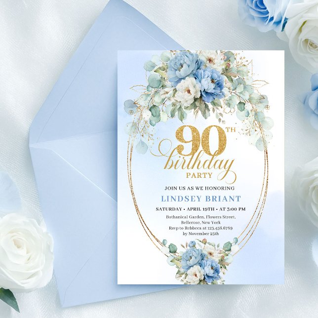 Elegant Boho Blå Peonies 90-års Födelsedagsinbjuda Inbjudningar (Elegant Boho Blue Peonies 90th Birthday Invitation)