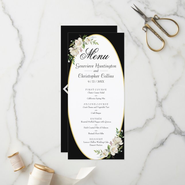 Elegant Boho Black Blommigt Bröllop Menu Program (Fram/Back In Situ)