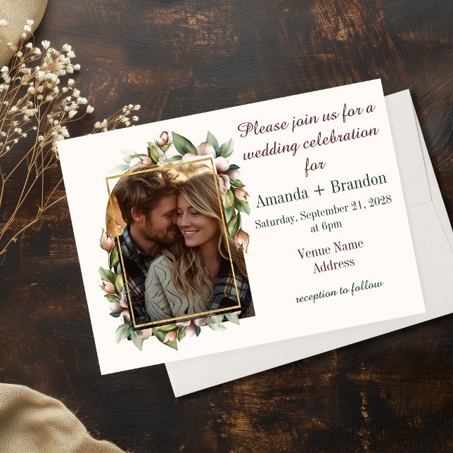 Elegant Boho Blommig Båge Foto Bröllopsinbjudan Spara Datumet (Elegant Boho Floral Arch Photo Wedding Invitations)