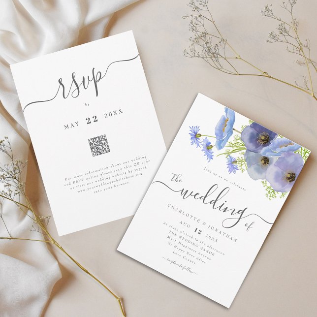 Elegant Boho Blommig Blå Bröllops QR-kod Inbjudningar (Elegant boho wildflower bouquet watercolor blue floral garden wedding qr code invitation)