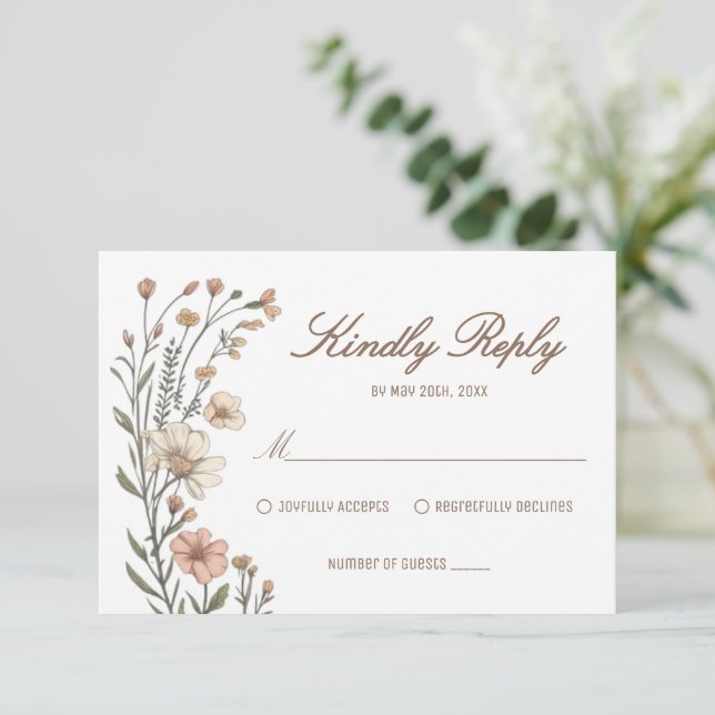 Elegant Boho Blommig Bröllops-Svarskort OSA Kort (Stående Fram)