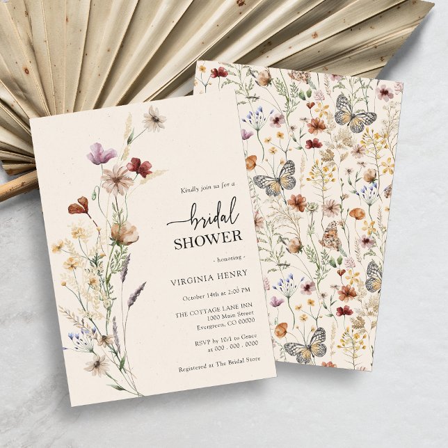Elegant Boho Blommig Bröllopsfest Inbjudningar (Rustic Boho Wildflower Bridal Shower Invitation with Butterflies by Painted Paperie)